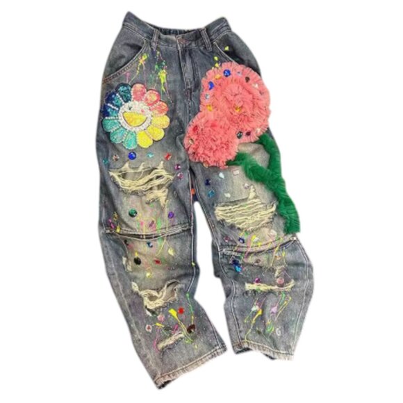 3D Floral Embellished Distressed Jeans Women's Denim Paint Splatter Ripped Y2K - Picture 10 of 11
